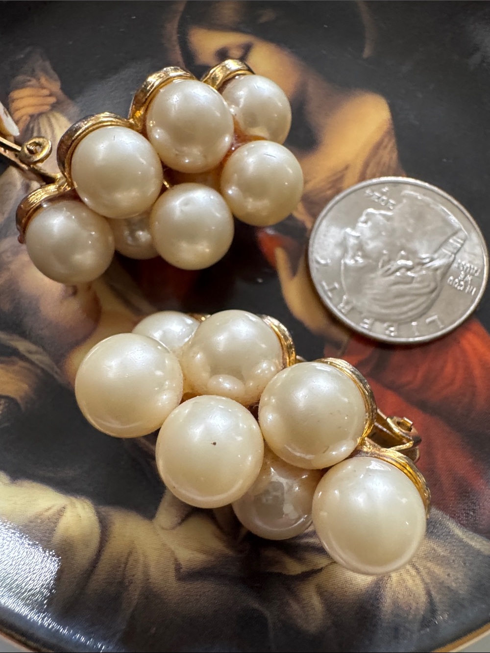 Gold-Tone Pearl Cluster Clip-On Earrings - Cream Pearls